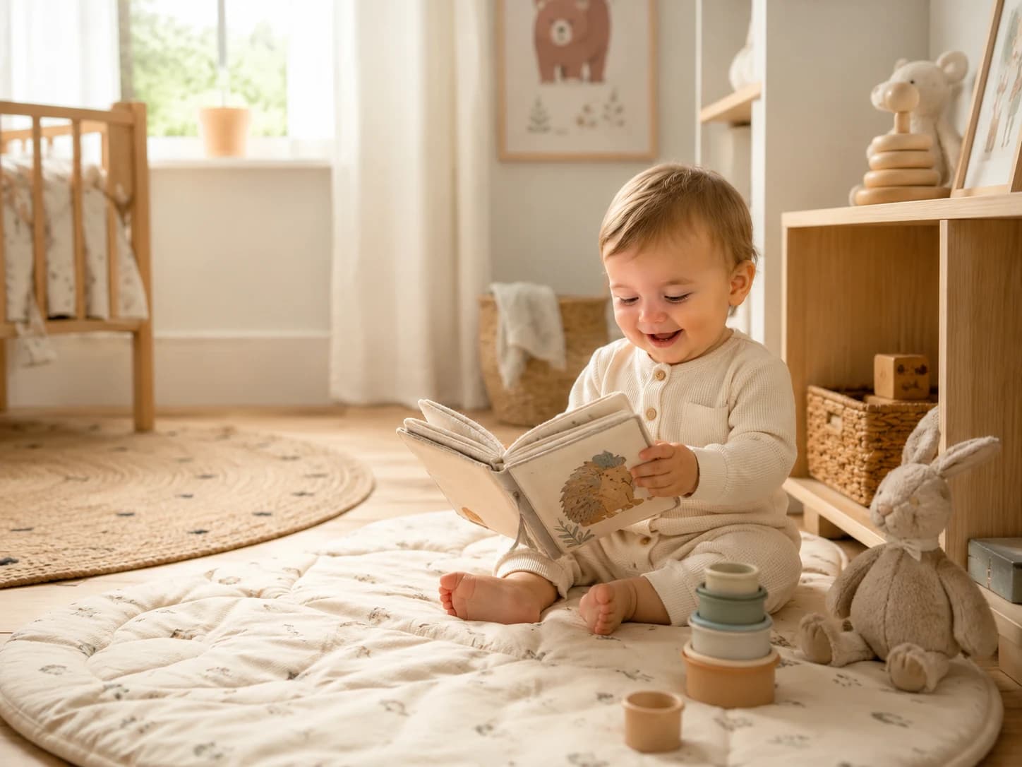 Bebé leyendo en un cuarto de juego